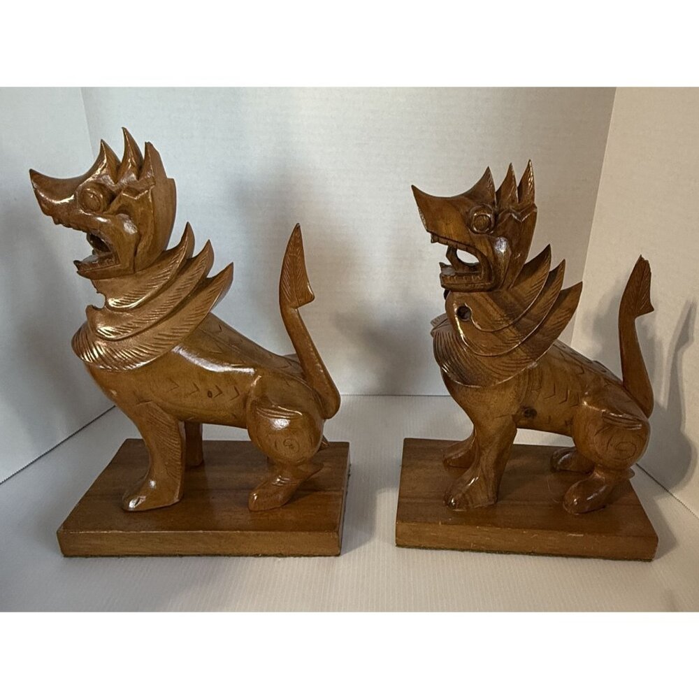 Hand-Carved Wooden Foo Dog Guardian Lion Shisa Statues Vintage - Picture 4 of 16